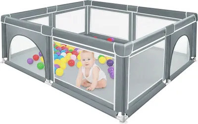Produktbild von Baby Laufstall Laufgitter 180*150*66cm mit atmungsaktivem Netz Schutzgitter Baby Set Dunkelgrau