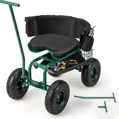 Produktbild von COSTWAY mobilne siedzisko na kółkach do 150 kg, stołek ogrodowy obracany o 360° z regulacją wysokości, siedzisko ogrodowe z uchwytem, koszem, półką i poduszką na siedzisko zielone