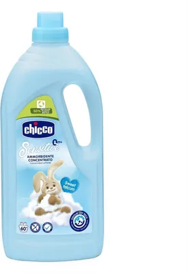 A bottle of Chicco Sensitive Concentrated fabric softener with a cartoon bunny on a cloud.