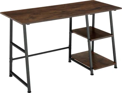 A modern desk with a wooden top and black metal legs, featuring two shelves on one side.