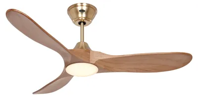 Imagen del producto de Ventilador de techo de bajo consumo con iluminación LED y mando a distancia. Modelo Eco Genuino-L, acabado en latón cepillado/roble medio, diámetro de 122 cm