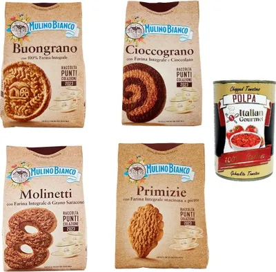 Produktbild von Mulino bianco Testpaket 100% Vollkornmehl Kekse Molinetti Buongrano Cioccograno Primizie + Italian gourmert polpa 400g