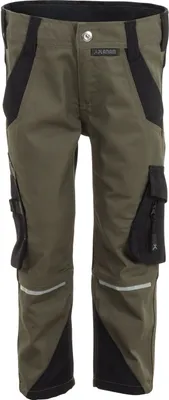 A pair of green and black work pants for children.