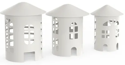 3er-Set dekorative Metallhäuser, rund, Weiß, 15×15×21 cm