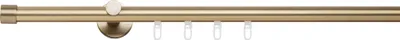 A close-up view of a curtain rod with rings, against a white background.
