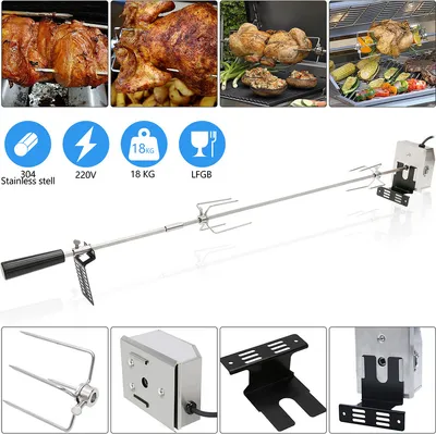 Obrázek produktu pro Jiubiaz Sada grilovacích jehel z nerezové oceli 117 cm vhodná pro plynový gril Weber Spirit se 4× jehlou na maso Rukojeť grilovací svorky a motor Elektrický rotační špíz 220V - 240V stříbrný