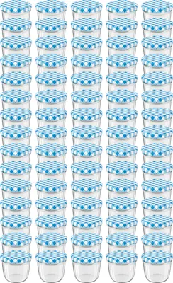 Produktbild von WELLGRO Einmachgläser mit Schraubdeckel - 230 ml, 8,5 x 6,5 cm (ØxH), Glas / Metall, blau karierte Deckel To 82, Gläser  Germany, verschiedene Mengen wählbar, Stückzahl:75 Stück