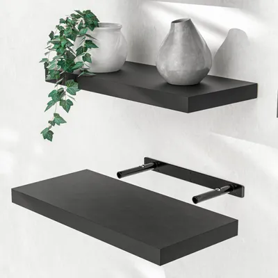 Image de Etagère murale flottante 50cm Noir MDF robuste effet flottant support de fixation inclus étagère bois rangement décoration