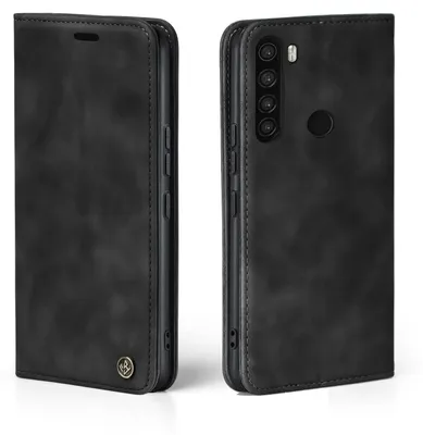 A black flip case for a smartphone is shown from two angles.