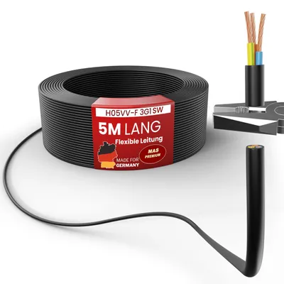 Obrázek produktu pro 5m plastový hadicový kabel H05VV-F 3G1 černý Ohebný kabel Kabel pro spotřebiče