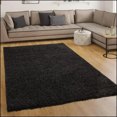 Image de Tapis Shaggy à poils longs Sky, couleur unie noir, taille Ø 80 cm, rond