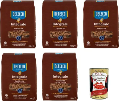 Produktbild von De Cecco Integrale Fusilli N° 34, Pasta integrale, Vollkornnudeln, 5x 500g + Italian Gourmet polpa 400g
