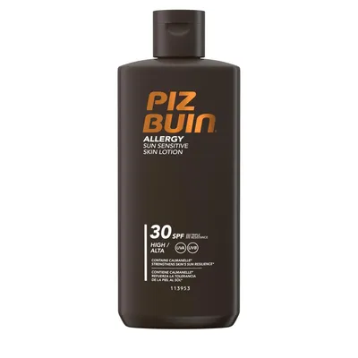 Produktbild von Piz Buin Allergy Sun Sensitive Skin Lotion LSF 30, schnell einziehende Allergiker Sonnencreme mit Schutzkomplex gegen Hautirritationen (1 x 200 ml)