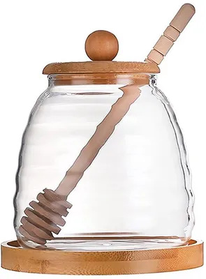Produktbild von Dailygoods - Honingtopf 16oz - Glastopf für Honig mit Bambusdeckel - Honigspender - Handgefertigter Messlöffel - Küchenaufbewahrungsbehälter - Nachhaltiges Borosilikatglas