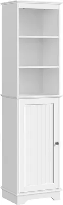A white tall cabinet with shelves and a door.