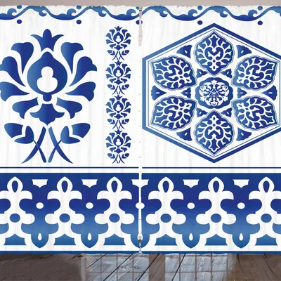 Produktbild von ARANDE Blau und weiß Gardine, Antike Arabesque-Kunst-Elemente klassische Blumenkurven Baroque Revival Motive, 280 x 245 cm, Blau Weiss