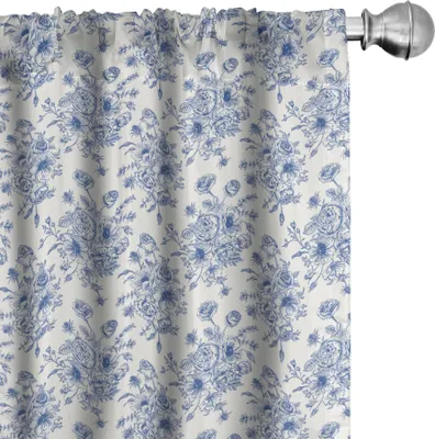 Obrázok produktu pre ABAKUHAUS Zvončekové závesy, záclony, kvetinový vzor s kyticou modrých kvetov v citlivom viktoriánskom dizajne, 2 kusy 75 x 245 cm, tmavomodrá biela