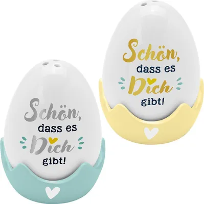 Produktbild von Sheepworld - 48583 -  Eierbecher-Streuer-Set, Schön, dass es Dich gibt , 4-teiliges Set, bestehend aus Salz- und Pfefferstreuer in Eierform und 2 Eierbechern, Geschenkbox