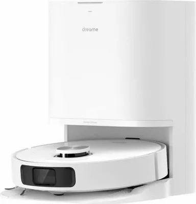 A white robotic vacuum cleaner and its charging dock are shown in a studio setting.