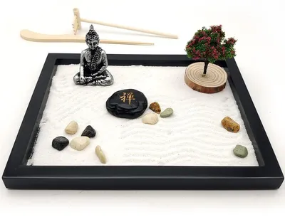 Mini Zen-Zandtuinset mit Steinen und Holzharke, 20-teilig