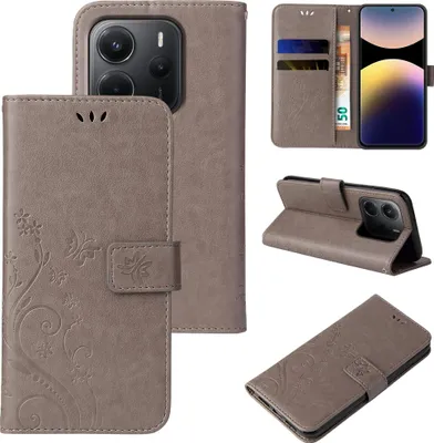 Produktbild von Handyhülle für Xiaomi Redmi Note 14 Pro Floral Blumen Schmetterling Flip Cover Hülle Case Klapphülle Handytasche Farbe: Grau