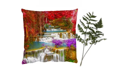 Produktbild von MuchoWow® Zierkissen Sofakissen Wohnzimmer Dekokissen 40x40 cm Wasserfall - Rosa - Bäume - Foto Kissen - Schlafzimmer Dekoration