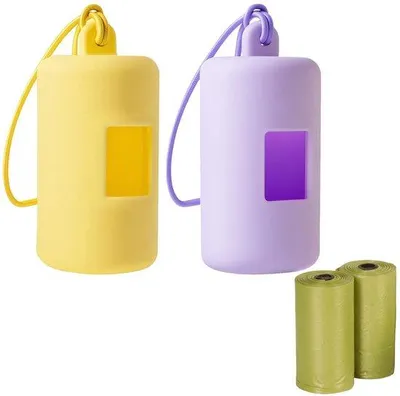 Productafbeelding van Ibenzoa® Compacte, waterdichte dispenser voor hondenpoepzakjes, set van 4 stuks – 2x geel & paars met elastische band, PVC, rolletjes met zakjes van 22x30 cm (15 stuks), 10x4,8 cm, 41 g