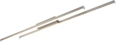 A modern, minimalist ceiling light fixture with two intersecting metal strips, presented against a white background.