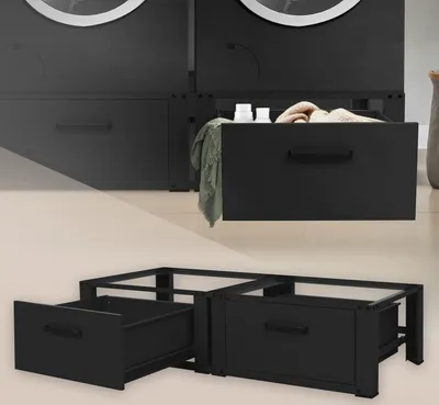 Produktbild von ML-Design Doppel Waschmaschinen Untergestell mit 2 Schubladen, Schwarz, 128x53,5x31,5cm, Stahl, Waschmaschinen-Sockel, Doppeluntergestell Doppelpodest