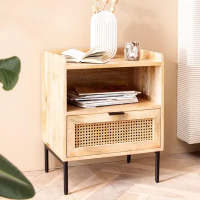 Obrázek produktu pro Noční konzole mango masiv / ratan 50x60x40 cm noční stolek hnědý | Wohnling