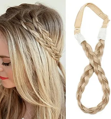 Produktbild von Damen-Haarband mit 3 blonden Strängen aus Kunsthaar, geflochtenes elastisches Stirnband für Damen und Mädchen zur Hochzeit und im Vintage-Stil, mit Haargummi, Haarteil, Flechtzöpfen und Haarverlängerungen, 1.5cm breit, 26/613