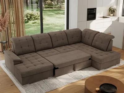 Produktbild von MKS MEBLE Ecksofa Wohnlandschaft U-Form, Sofa mit Schlaffunktion, Schlafsofa mit bettkasten, Couch mit Schlaffunktion - Braun Velvet - Madrito U - rechts