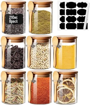 Zdjęcie produktu dla Zestaw szklanych słoików na przyprawy z etykietami 7 uncji hermetyczna łyżka 8 sztuk