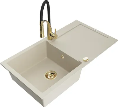 Image de Mexen Leo Évier en granit 1 bac avec égouttoir et mitigeur Aster, Beige - 6501-69-73450-57-G