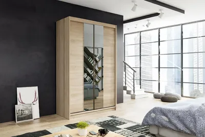 Zdjęcie produktu dla Szafa 2-drzwiowa przesuwna NIKO2 110cm kolor dąb sonoma – lustro na froncie, w zestawie półki, drążki, solidne wykonanie, do każdego pokoju
