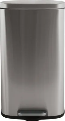 A stainless steel trash can with a foot pedal.