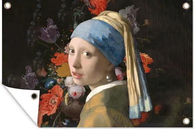Produktbild von MuchoWow® 120x80 cm Outdoor-Poster Gartendeko Sichtschutz Garten Poster für den Garten  Das Mädchen mit dem Perlenohrring - Vermeer - Blumen