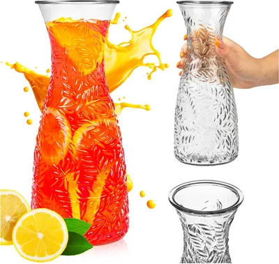 Zdjęcie produktu dla SuperButelki - Karafka szklana 1l ze wzorem, tłoczenie LIŚCIE, mrożone szkło, dzbanek na wodę, lemoniadę, sok, napoje, wino, niebanalny design
