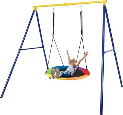 Produktbild von Doppelschaukel Gestell mit/ohne Schaukel, Metall Schaukelgestell für Nestschaukel & Kinderschaukel, Gartenschaukel Gestell Schaukelgerüst für Garten Hof Outdoor (Blau + Gelb)