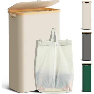 Produktbild von Wäschekorb mit Deckel 48L schmal faltbar Bambus Beige 20x40x60cm