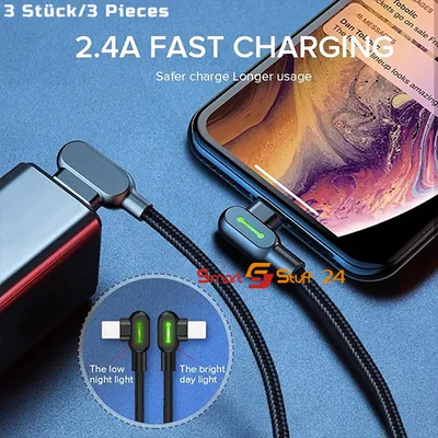 Produktbild von 3X LED Winkel 90 Grad Fast Ladekabel für iPhone 13 12 11 Pro X XR XS 8 7 6 Plus