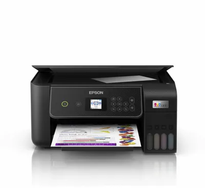 A black Epson EcoTank L3280 Inkjet printer is shown from the front on a white background. A sheet of paper with charts and graphs is partially visible coming out of the printer.
