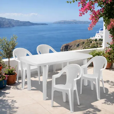 Produktbild von 5tlg Outdoormöbel Sitzgarnitur Gartengarnitur Weiß 140x90cm stapelbar