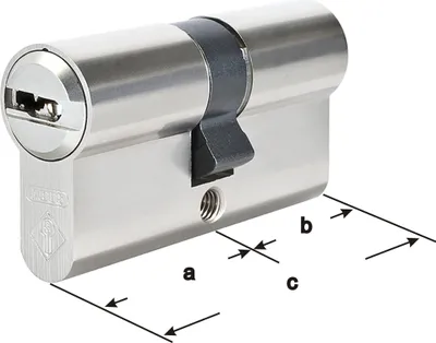 A silver cylinder lock with measurement indicators.