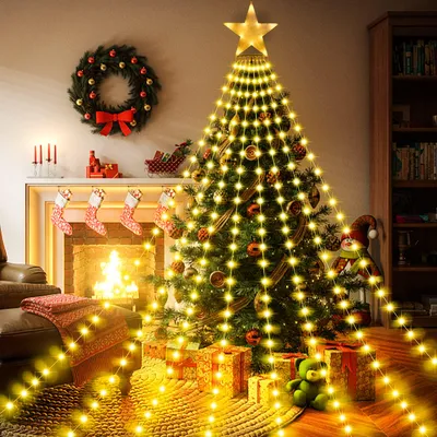 Image de Guirlande lumineuse de Noël à LED avec étoile - Rideau lumineux 298 LED, 8 modes, minuterie, IP44 (intérieur et extérieur) - 3,5 m x 8 guirlandes, blanc chaud, fil de cuivre