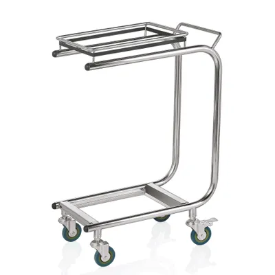 A stainless steel cart with two levels and wheels, designed for holding trash bags.