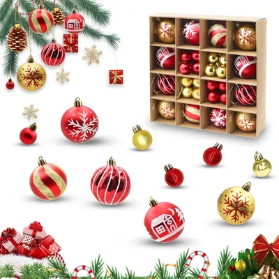 44 Weihnachtskugeln, Rot/Gold, 6/3 cm, Kunststoff, unzerbrechlich