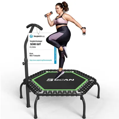 Produktbild von Fitness Trampolin Indoor Ø 122 cm Grün bis 250 kg mit T-Griff & Gummiseilen