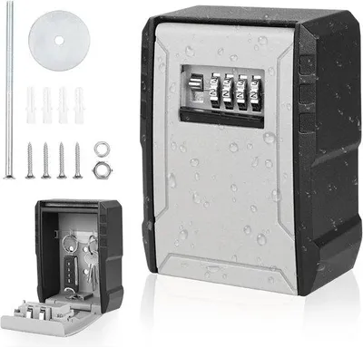 Produktbild von Famanu Schlüsselbox mit 4-stelligem Zahlencode - wetterfest und wasserdicht, Wandmontage, grau