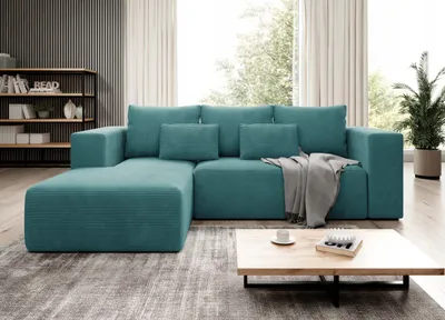 Produktbild von Easy4You Ecksofa Türkis Stripes L Kord L-Form – 255x73x161 cm - Schlafsofa mit Bettkasten und Schlaffunktion - Eckcouch mit Stauraum – Stoff Kord POSO 26